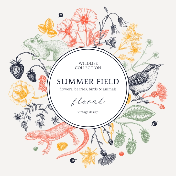 Summer background in color. Floral wreath design. Wildlife sketches. Wildflowers botanical illustration. Hand-drawn field of flowers, birds, and animals for wedding invitation, decoration.